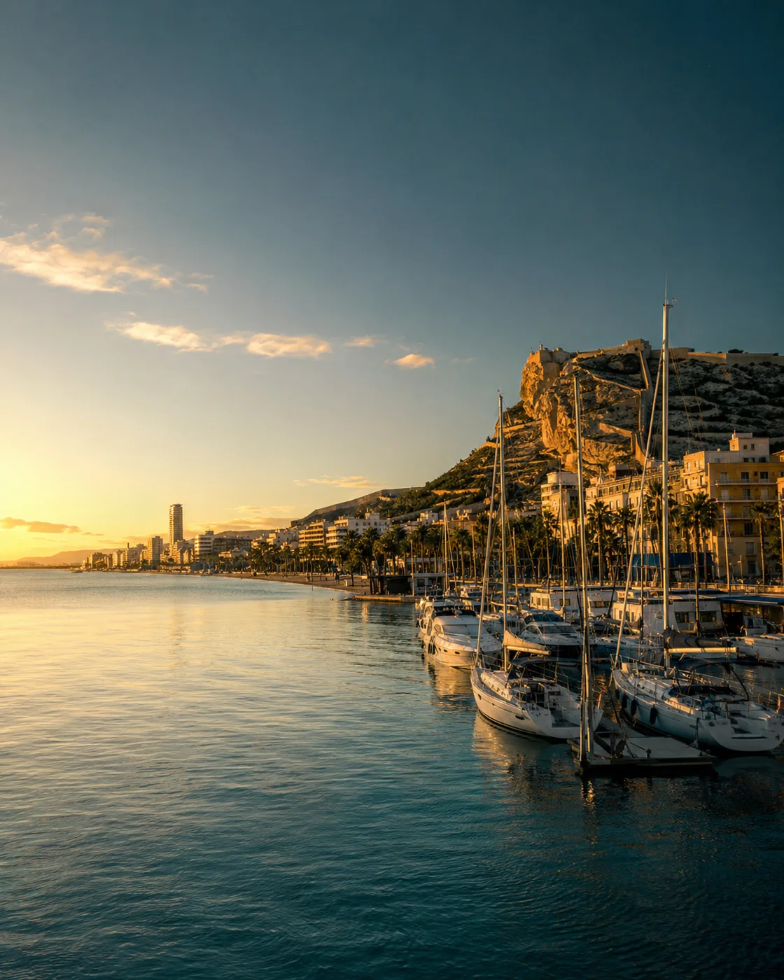 Alicante marina and Santa Bárbara castle at sunset